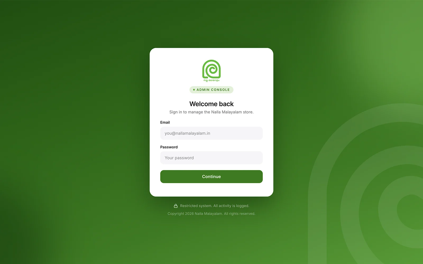 Nalla Malayalam admin console sign-in