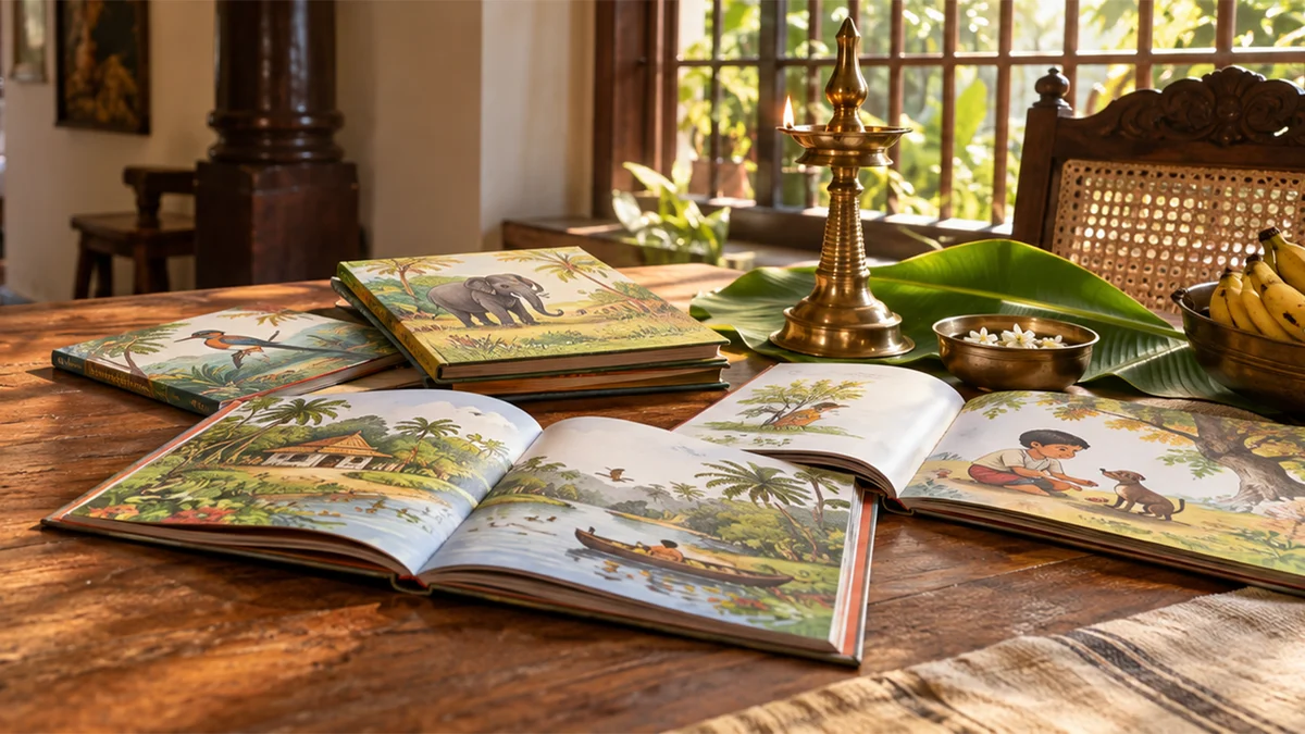 Malayalam children’s picture books open on a table in a Kerala home